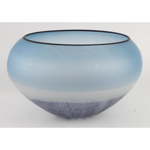 730 - Peter Layton Studio. Large frosted blue bowl, the white frosted middle with lower dark blue splatter... 