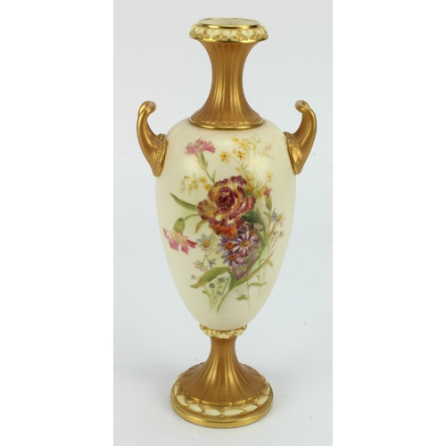 737 - Royal Worcester twin handled vase (no. 2049), hand painted floral decoration, makers marks to base, ... 