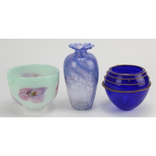 742 - Three unsigned studio glass pieces, to include a blue bowl with metal spiral decoration, by Gerie He... 