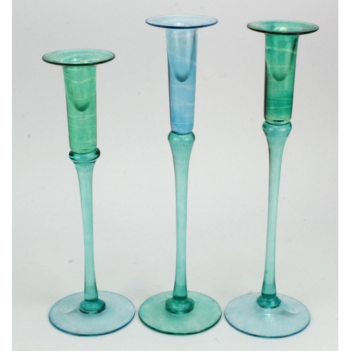 743 - Trio of green/blue contemporary art glass candlesticks, the bases indistinctly signed and dated 2002... 