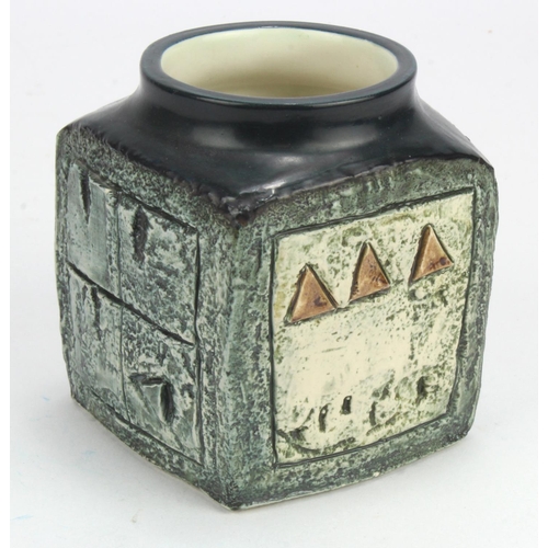 750 - Troika pottery marmalade pot, signed to base 'Troika LJ' (Louise Jinks), height 90mm approx.