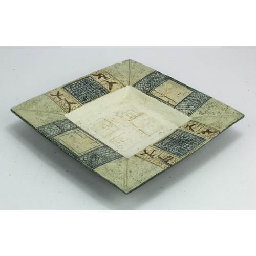 754 - Troika pottery square dish, signed to base 'Troika Cornwall LJ' (Louise Jinks), small chip to rim, d... 