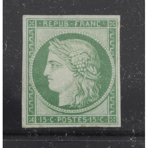 90 - France 1849 15c green on bluish green, unused, lightly hinged, SG4 cat £29000 with 2022 RPSL Ltd Cer... 