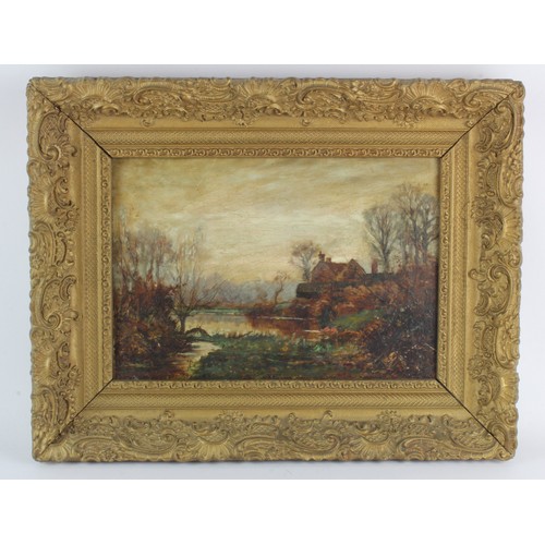 664 - Oil on canvas, depicting a cottage &  river landscape, circa late 19th Century, unsigned, contained ... 