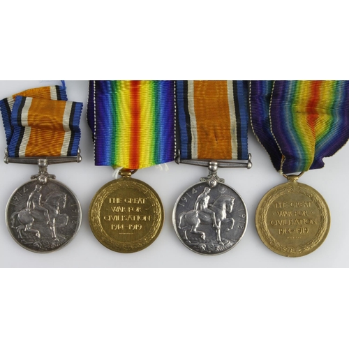 1028 - BWM & Victory Medal (44519 Pte L S Bradman Essex Regt), and BWM & Victory Medal (704 Pte H F Petch 5... 