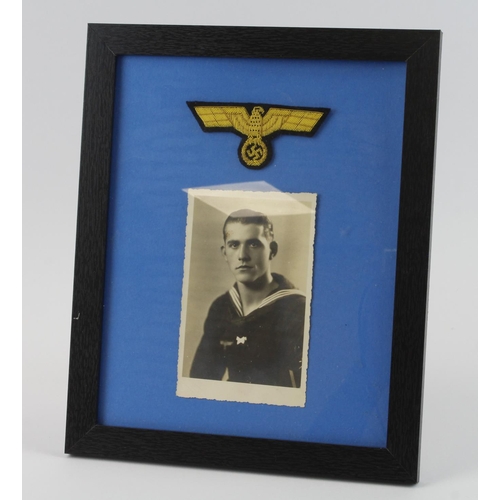 1322 - German WW2 framed soldiers portrait photo with Army breast eagle and German WW2 Naval seaman’s portr... 