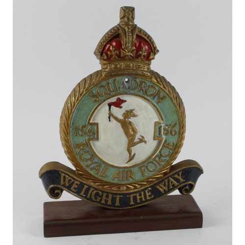 1468 - RAF 156 squadron cast iron kings crown hand painted metal plaque on wooden stand for display.