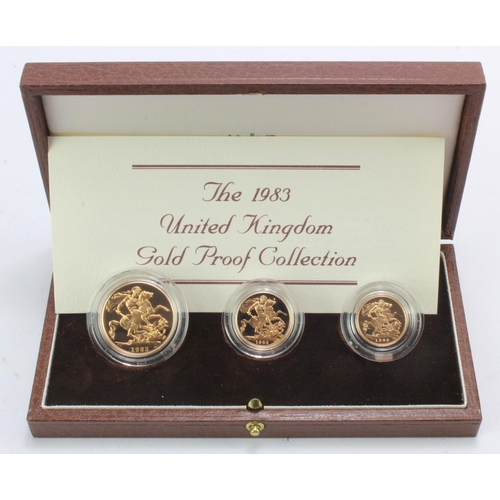 147 - Three coin set 1983 (£2, Sovereign & 1/2 Sov) Proof FDC cased with cert and packaging.