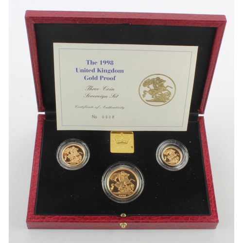148 - Three coin set 1998 (£2, Sovereign & 1/2 Sov) Proof FDC cased with cert and packaging.
