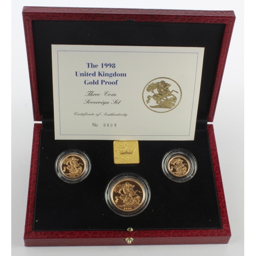 149 - Three coin set 1998 (£2, Sovereign & 1/2 Sov) Proof FDC cased with cert and packaging.