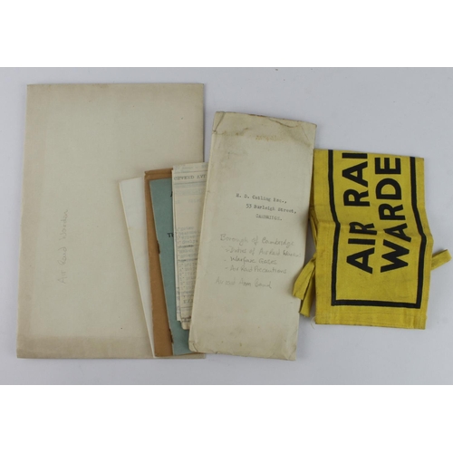 1573 - WW2 ARP borough of Cambridge documents, booklets and a scarce Air Raid Warden arm band all relating ... 