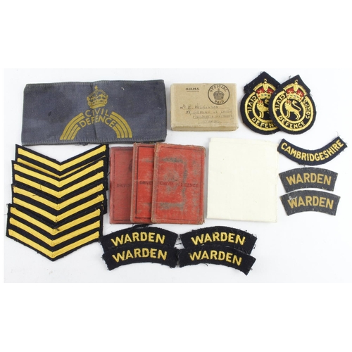 1576 - WW2 Cambridgeshire ARP and Civil Defence cloth badges, arm band with Defence medal in box named to M... 