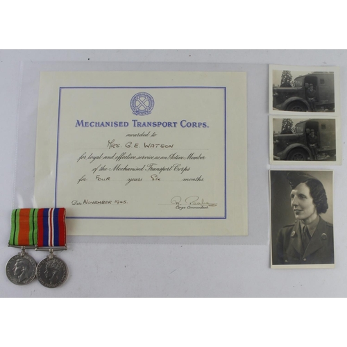 1578 - WW2 Defence and War medals with Woman’s Mechanised Transport Corps certificate of service to Mrs G E... 