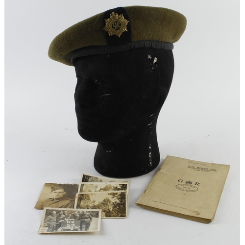 1597 - WW2 RASC soldiers beret with note book and photos  to 14235624 Dvr F Cook RASC.