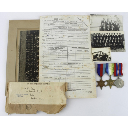 1598 - WW2 RN group with 1939-45 star, Atlantic star and War medals with naval certificate of service,  pho... 