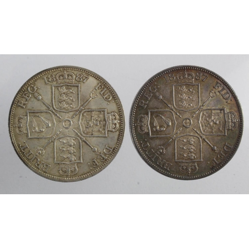 173 - Double-Florins (2) 1887: Roman I EF light edge knock, and Arabic 1 toned EF light scratches.