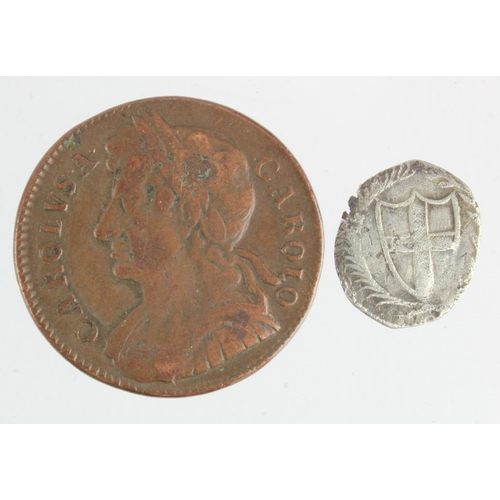 174 - English Coins (2): Halfpenny 1673 GF, along with a hammered silver Halfgroat of the Commonwealth, sh... 