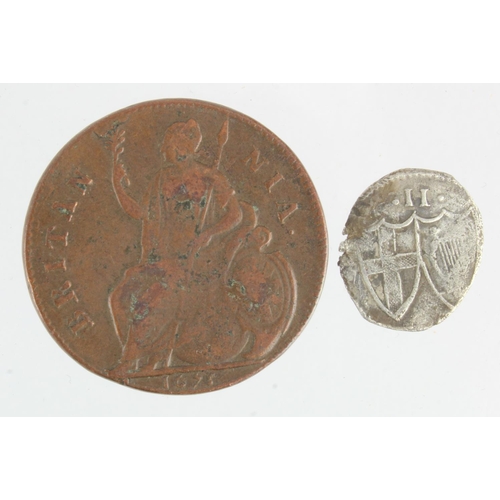 174 - English Coins (2): Halfpenny 1673 GF, along with a hammered silver Halfgroat of the Commonwealth, sh... 