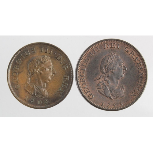 179 - Farthings (2): 1799 3 berries EF trace lustre, and 1806 K on trunc. EF trace lustre.