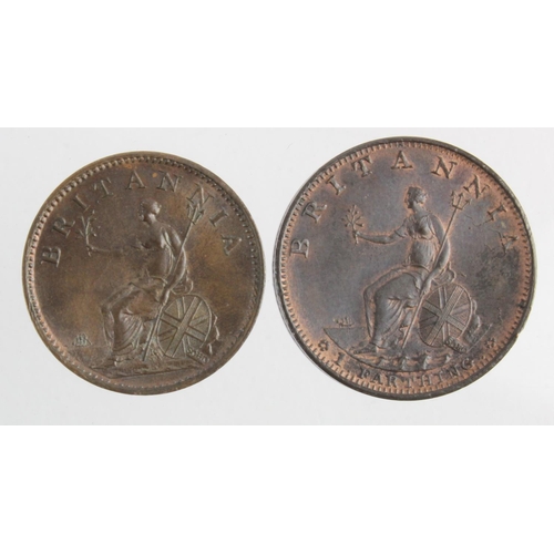 179 - Farthings (2): 1799 3 berries EF trace lustre, and 1806 K on trunc. EF trace lustre.