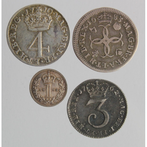 201 - Maundy Oddments (4): 4d 1683 F/GF, 4d 1710 VF light scratch, 3d 1762 toned GVF, and 1d 1902 GEF ligh... 