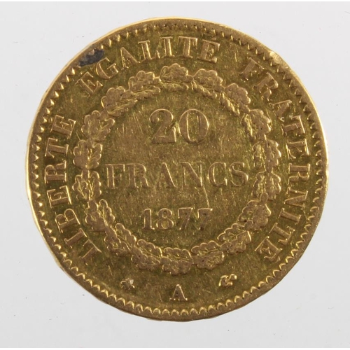 312 - France, gold 20 France 1877A, ex-mount aVF (approx 0.1867 troy oz AGW)