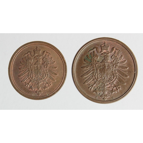 318 - Germany (2) 1 Pfennig 1874C GEF with lustre, and 2 Pfennig 1874C EF trace lustre.