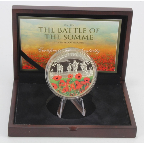 322 - Guernsey: The Battle of the Somme 1916-2016 Silver Proof 5oz Coin (.999) FDC cased with cert and sle... 