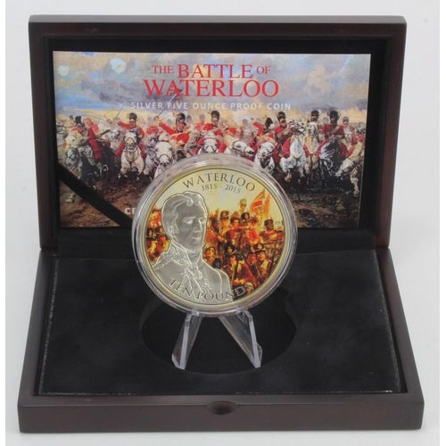323 - Guernsey: The Battle of Waterloo Silver Five Ounce Proof Coin (sterling) 2015, lightly toned FDC cas... 
