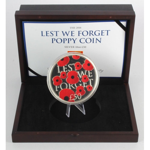 334 - Jersey: The 2016 Lest we Forget Poppy Coin, 10oz (.999) Silver Proof £50, FDC cased with cert (only ... 