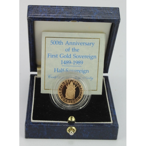 49 - Half Sovereign 1989 proof, 500th Anniversary of the First Gold Sovereign 1489-1989, FDC cased with c... 