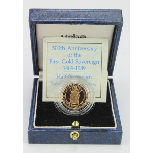 50 - Half Sovereign 1989 proof, 500th Anniversary of the First Gold Sovereign 1489-1989, FDC cased with c... 