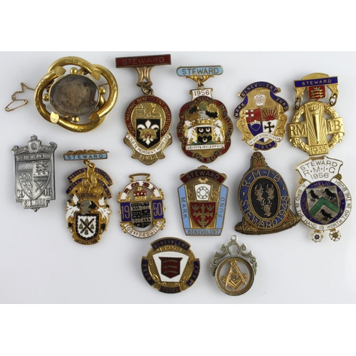 770 - Masonic Jewels & Badges (12) 1940s-60s base metal. Plus a 19th century gold-plated mourning brooch 5... 