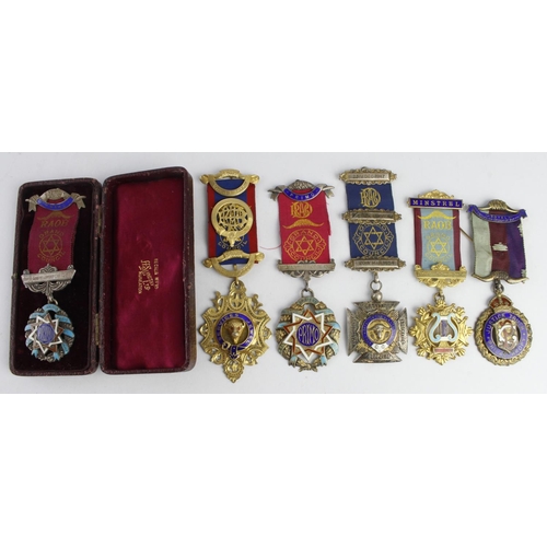 771 - Masonic Jewels (RAOB Buffaloes) (6) enamelled hallmarked silver and silver-gilt, 1940s-50s, with rib... 