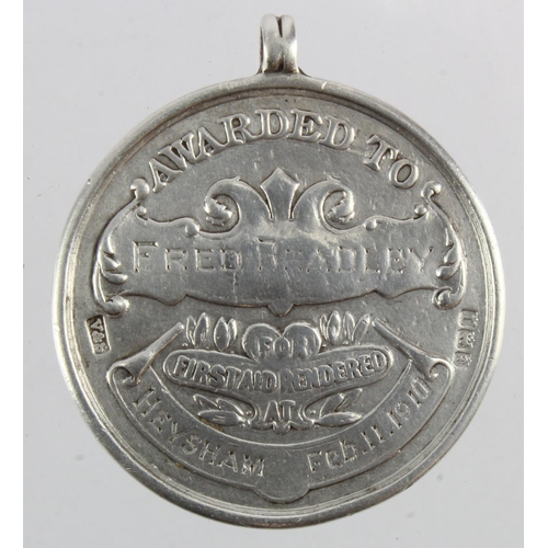 772 - Midland Railway Ambulance silver medal awarded to Fred Bradley for First Aid Rendered Heysham, Feb. ... 