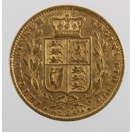 79 - Sovereign 1858 shieldback, Fine.