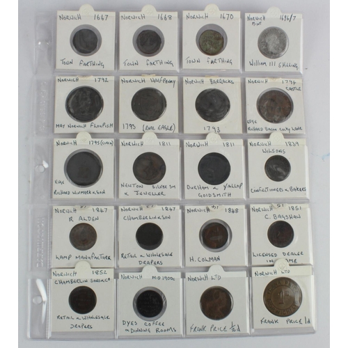 799 - Tokens etc (20) 17th-19thC, all Norwich related, a collection in an album page, Fair to EF. Also inc... 