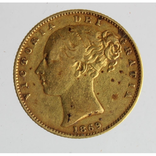 80 - Sovereign 1869 (shieldback) GF with a few brown spots