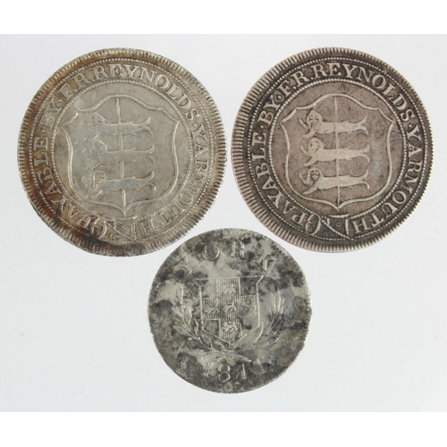 803 - Tokens, 19thC silver (3): Norfolk, Yarmouth F.R. Reynolds Shillings x2 Salton #17 nVF, with a York S... 