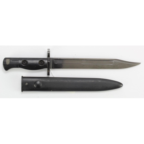 814 - British L1A3 knife bayonet in its steel scabbard, grip marked 