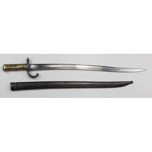 817 - French M1866 Sword bayonet for the Chasspot and Gras Rifles. Ribbed brass hilt, excellent yataghan b... 