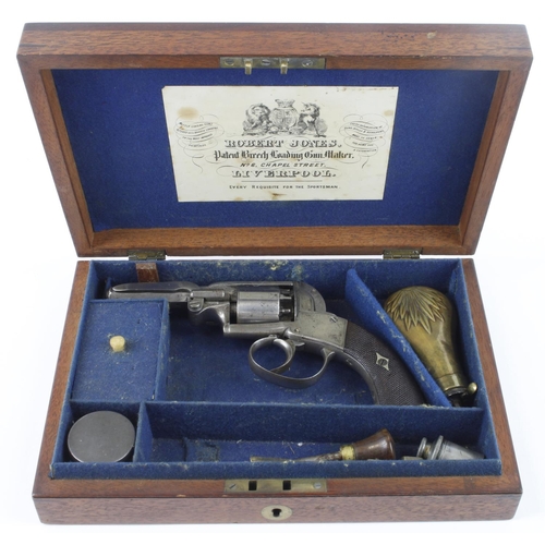 831 - 19th cased percussion five shot revolver unmarked in its blue lined case complete with powder flask ... 