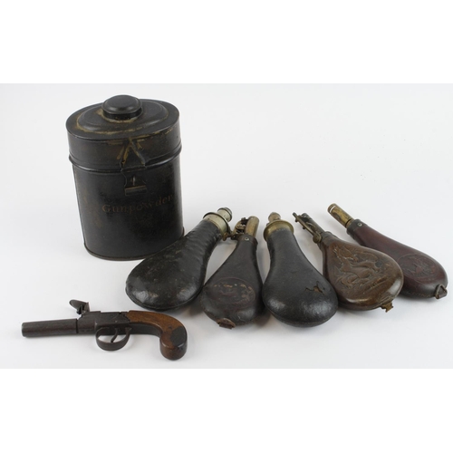 832 - 19th Century collection of leather and brass powder and shot flasks with scarce powder storage tin b... 