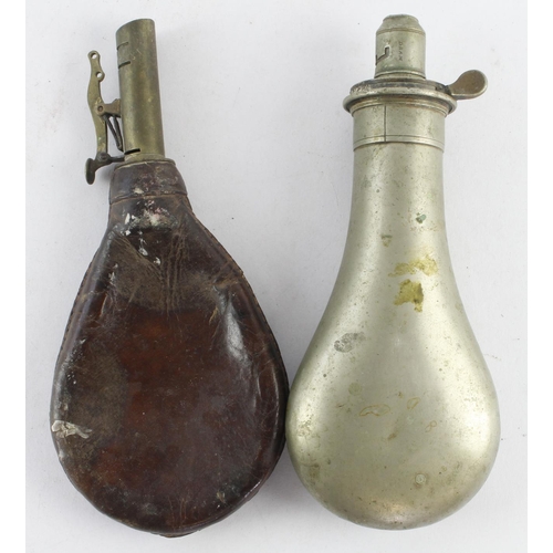 845 - Flasks, 1) plain large powder flask by top maker Sykes Patent 