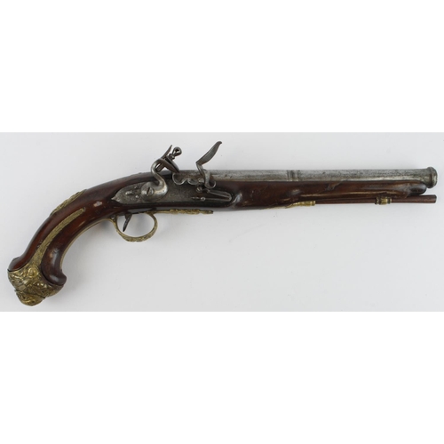 851 - French late 18th century flintlock holster pistol lock signed Paris, Triger Guard butt cap and pomme... 