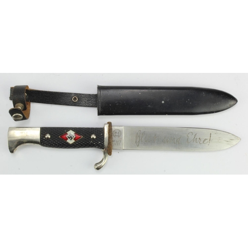 872 - German Youth dagger, Blut und Ehre blade & M6/3 1937 marked blade with scabbard.