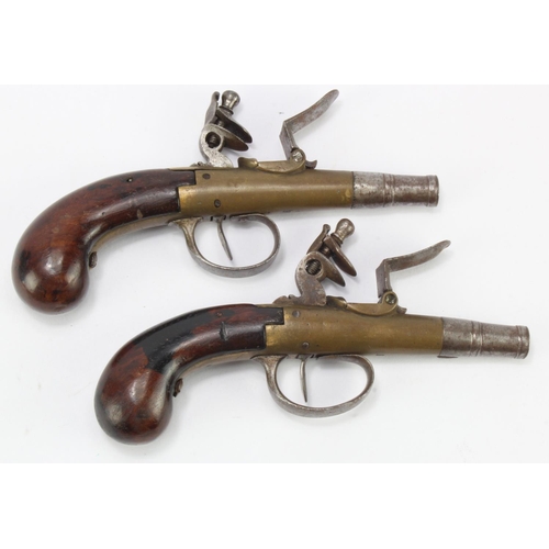 886 - Pistols, a delightful matching pair of flintlock pocket pistols, turn off cannon barrels, approx 2