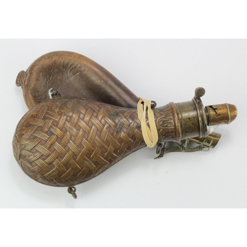 887 - Powder Flask 19th century, by Premier maker Hawksley of Sheffield. Interwoven pattern (Riley No415 w... 