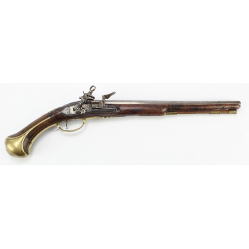 910 - Spanish Miquelet flintlock belt pistol, barrel 32cm, part octagonal, part round with some floral dec... 