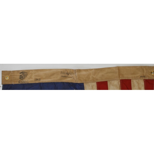 959 - American Stars and Stripes WW2 era 48 stars large flag / wall hanger, USMC 1943 stamped, service wea... 